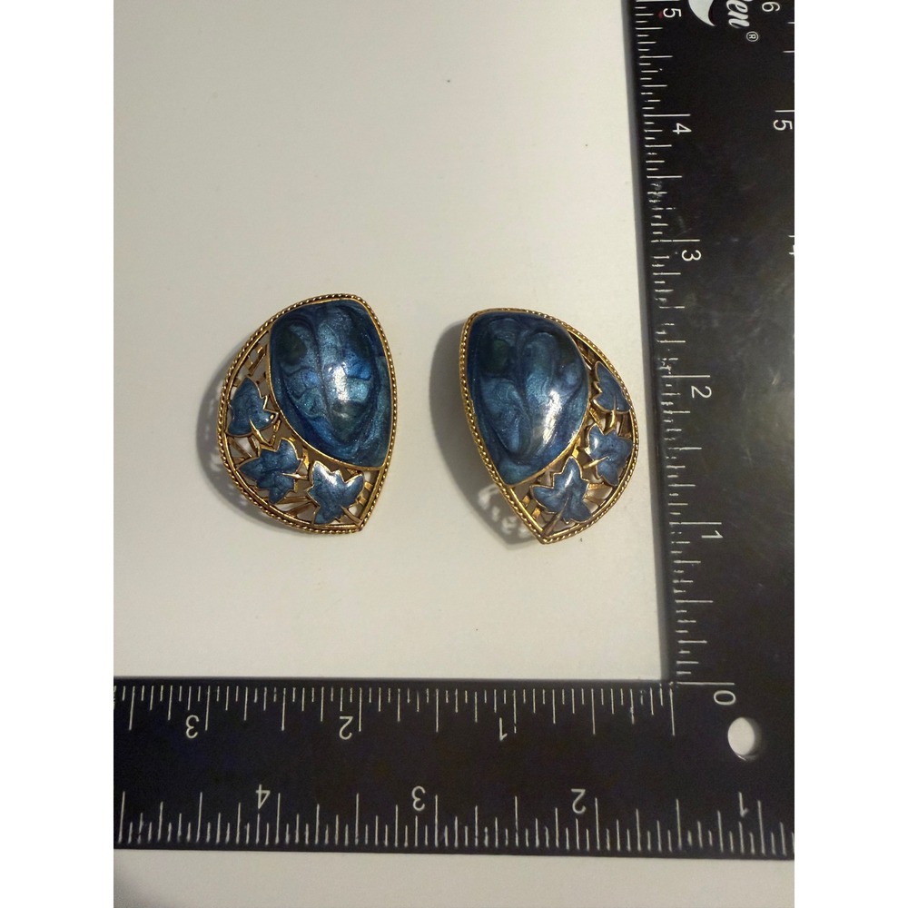 Vintage Boretia Blue Enamel Leaf Gold Tone Clip On Statement Earrings